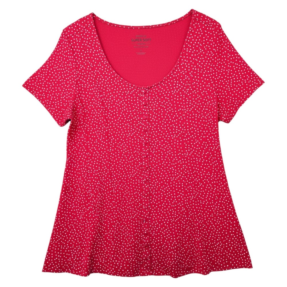 Torrid Shirt Women 1 1X Red Polka Dot Super Soft Knit Faux Button Scoop Neck Top